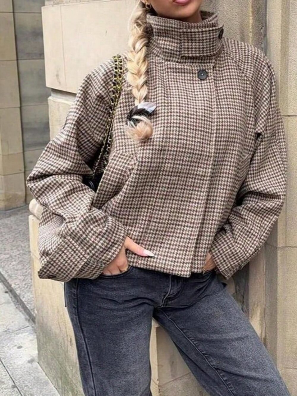 Multicolor Casual Women's Plaid High Collar Button Front Loose Fit Jacket